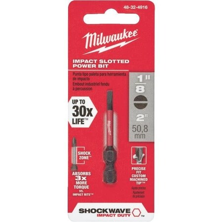 Milwaukee Tool SHOCKWAVE Power Bit, #6, 1/8 in Drive, Slotted Drive, 1/4 in Shank, Hex Shank, 2 in L, Steel 48-32-4916